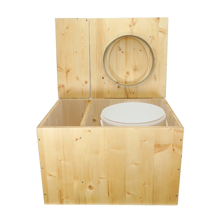  Toilette sèche avec bac à copeaux de bois huilé. Livré complet avec bavette inox et seau 20 litres