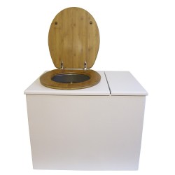 Toilette sèche rehaussée en bois avec bac intégré à droite, abattant bambou, seau inox, bavette inox
