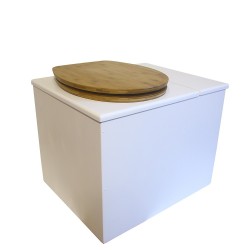 Toilette sèche rehaussée en bois avec bac intégré à droite, abattant bambou, seau inox, bavette inox