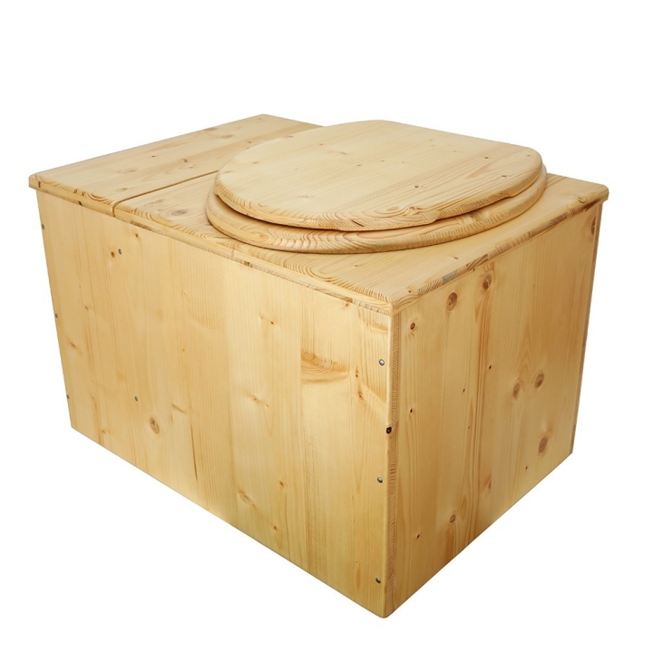  Toilette sèche avec bac à copeaux de bois huilé. Livré complet avec bavette inox et seau 20 litres