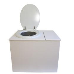 Toilette sèche rehaussée en bois blanc avec bac intégré à droite, abattant blanc, seau inox, bavette inox