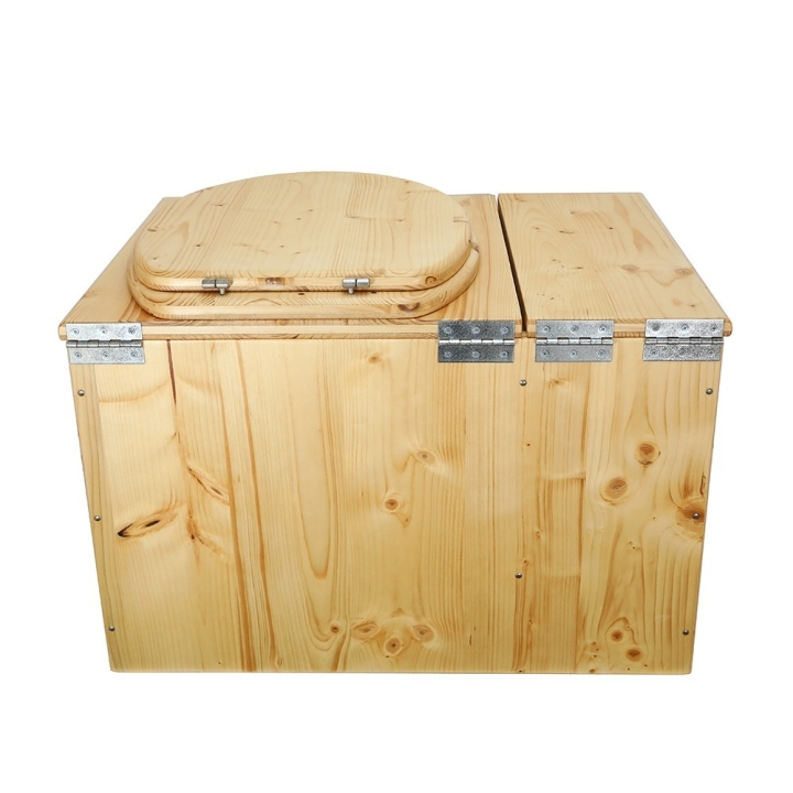  Toilette sèche avec bac à copeaux de bois huilé. Livré complet avec bavette inox et seau 20 litres
