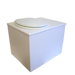 Toilette sèche rehaussée en bois blanc avec bac intégré à droite, abattant blanc, seau inox, bavette inox