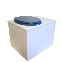 Toilette sèche rehaussée en bois blanc avec bac intégré à droite, abattant bleu, seau inox, bavette inox