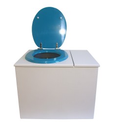 Toilette sèche rehaussée en bois blanc avec bac intégré à droite, abattant turquoise, seau inox, bavette inox