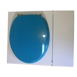 Toilette sèche rehaussée en bois blanc avec bac intégré à droite, abattant turquoise, seau inox, bavette inox