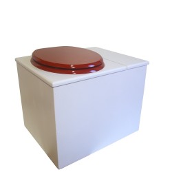 Toilette sèche rehaussée en bois blanc avec bac intégré à droite, abattant rouge, seau inox, bavette inox