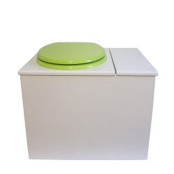 Toilette sèche rehaussée en bois blanc avec bac intégré à droite, abattant vert, seau inox, bavette inox