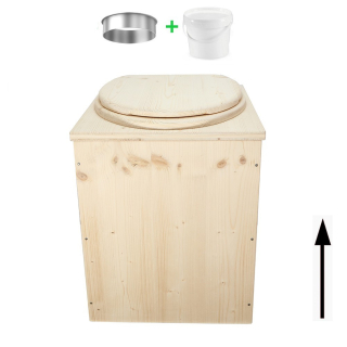 Toilette sèche en bois brut rehaussée avec seau plastique 20 L + bavette inox