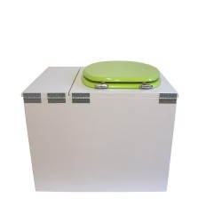 Toilette sèche rehaussée en bois blanc avec bac intégré à droite, abattant vert, seau inox, bavette inox