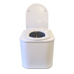 Toilette sèche en bois blanche avec seau inox, bavette inox, abattant thermodur blanc, frein de chute