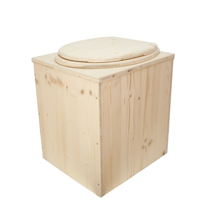  Toilette sèche en bois brut rehaussée avec seau plastique 20 L + bavette inox