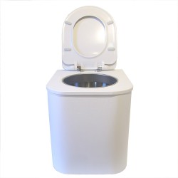 Toilette sèche rehaussée en bois blanche avec seau inox, bavette inox, abattant thermodur blanc, frein de chute. Modèle PMR