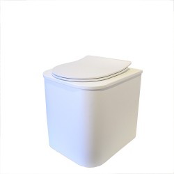 Toilette sèche rehaussée en bois blanche avec seau inox, bavette inox, abattant thermodur blanc, frein de chute. Modèle PMR