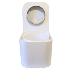 Toilette sèche en bois blanche avec seau plastique 22L, bavette inox, abattant thermodur blanc, frein de chute