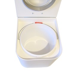 Toilette sèche en bois blanche avec seau plastique 22L, bavette inox, abattant thermodur blanc, frein de chute