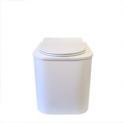 Toilette sèche rehaussée bois blanc avec seau plastique 22L, bavette inox, abattant thermodur blanc, frein de chute. Modèle PMR