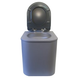 Toilette sèche rehaussée en bois gris avec seau plastique 22L, bavette inox, abattant thermodur gris, frein de chute. Modèle PMR