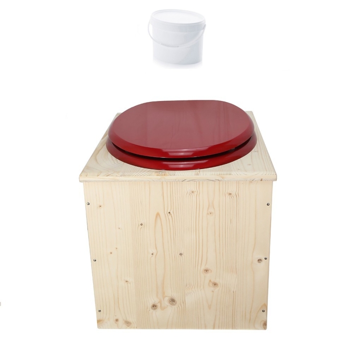 Toilette sèche en bois avec seau 18L plastique et abattant rouge