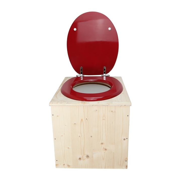  Toilette sèche en bois avec seau 18L plastique et abattant rouge