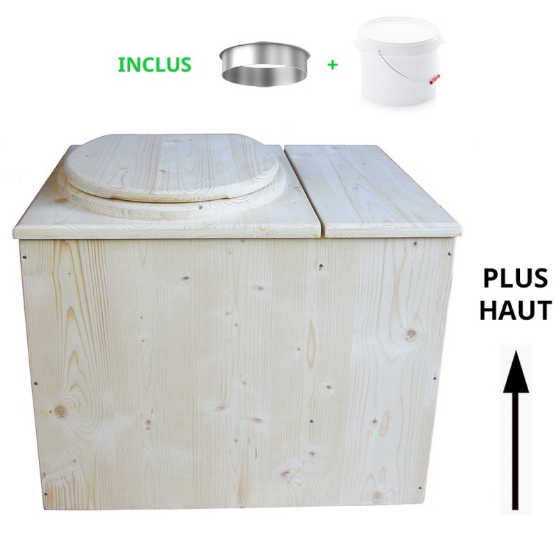 Toilette sèche avec bac à copeaux de bois intégré à droite, livré avec bavette inox et seau 22L plastique - modèle PMR