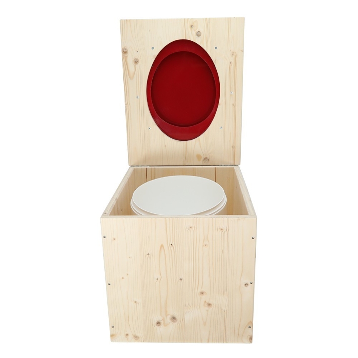  Toilette sèche en bois avec seau 18L plastique et abattant rouge