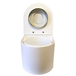 Toilette sèche en bois blanc arrondie avec seau 22L plastique, abattant avec réducteur enfant et bavette inox