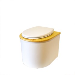 Toilette sèche en bois blanc /huilé arrondie avec seau 22L plastique, abattant avec réducteur enfant et bavette inox