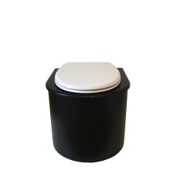 Toilette sèche en bois noir arrondie avec seau 22L plastique, abattant avec réducteur enfant et bavette inox
