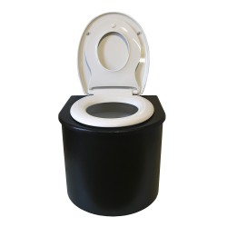 Toilette sèche en bois noir arrondie avec seau 22L plastique, abattant avec réducteur enfant et bavette inox