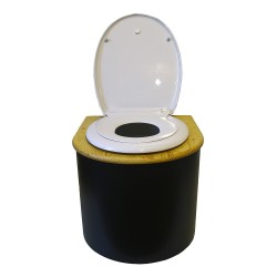 Toilette sèche en bois noir arrondie avec couvercle huilé ,seau 22L plastique, abattant avec réducteur enfant et bavette inox