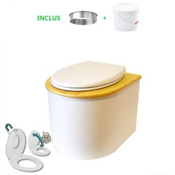 Toilette sèche en bois blanc /huilé arrondie avec seau 22L plastique, abattant avec réducteur enfant et bavette inox