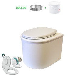 Toilette sèche en bois blanc arrondie avec seau 22L plastique, abattant avec réducteur enfant et bavette inox