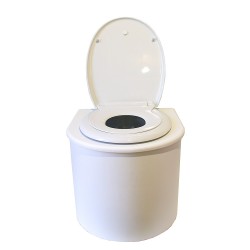 Toilette sèche en bois blanc arrondie avec seau inox, abattant avec réducteur enfant et bavette inox