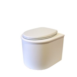 Toilette sèche en bois blanc arrondie avec seau inox, abattant avec réducteur enfant et bavette inox