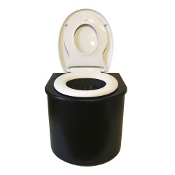 Toilette sèche en bois noire arrondie avec seau inox, abattant avec réducteur enfant et bavette inox