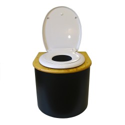 Toilette sèche en bois noire arrondie avec couvercle huilé, seau inox, abattant avec réducteur enfant et bavette inox