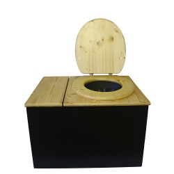 Toilette sèche avec bac à copeaux de bois, finition noire/huilé, abattant bois huilé. Livré avec bavette inox et seau inox