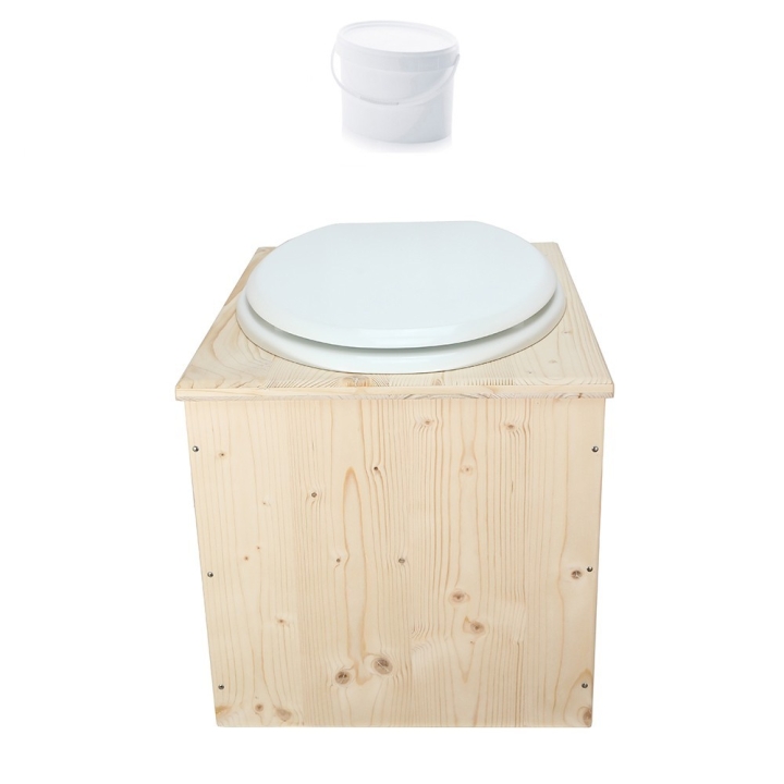 Toilette sèche en bois avec seau 18L plastique et abattant blanc