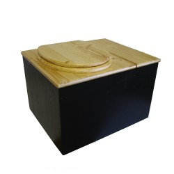 Toilette sèche avec bac à copeaux de bois intégré à droite, finition noire/huilé, abattant bois huilé avec bavette et seau inox