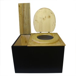 Toilette sèche avec bac à copeaux de bois, finition noire/huilé, abattant bois huilé,  bavette inox et seau plastique 22L