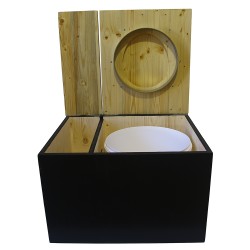Toilette sèche avec bac à copeaux de bois, finition noire/huilé, abattant bois huilé,  bavette inox et seau plastique 22L