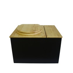 Toilette sèche avec bac à copeaux de bois intégré à droite, finition noire/huilé, abattant bois huilé,  bavette inox, seau 22L