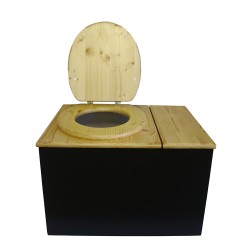 Toilette sèche avec bac à copeaux de bois intégré à droite, finition noire/huilé, abattant bois huilé,  bavette inox, seau 22L