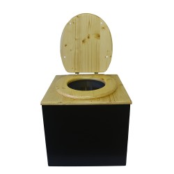 Toilette sèche en bois, finition noire/huilé, abattant bois huilé. Livré avec bavette inox et seau inox