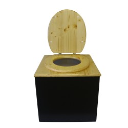 Toilette sèche en bois, finition noire/huilé, abattant bois huilé. Livré avec bavette inox et seau plastique 22L