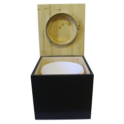 Toilette sèche en bois, finition noire/huilé, abattant bois huilé. Livré avec bavette inox et seau plastique 22L