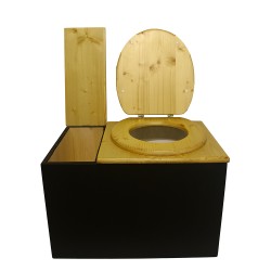 Toilette sèche avec bac à copeaux de bois, finition noire/huilé, abattant bois huilé,  bavette inox et seau plastique 20L