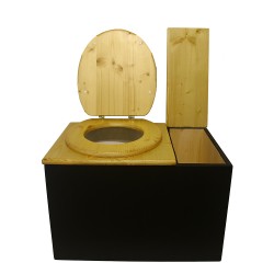 Toilette sèche avec bac à copeaux de bois à droite, finition noire/huilé, abattant bois huilé,  bavette inox, seau plastique 20L