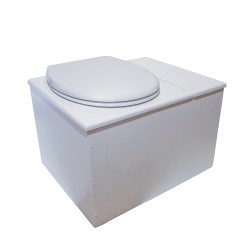 Toilette sèche avec bac à copeaux de bois à droite. bois blanc, abattant avec réducteur enfant, bavette inox et seau inox